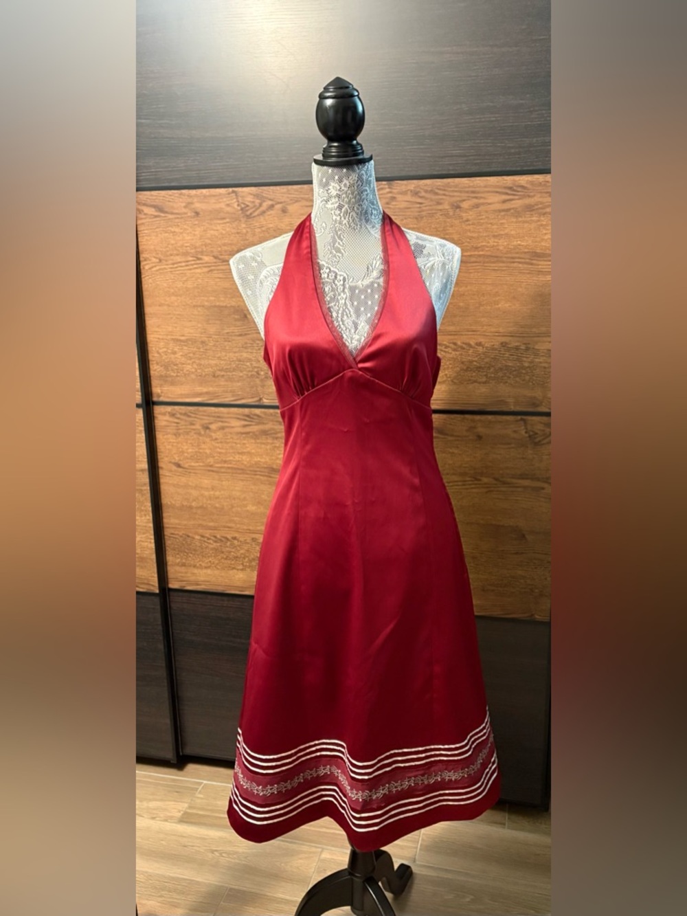 RW&CO. Burgundy Satin Halter Dress with Embroidered Hem